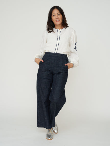 Sonmer Embroidered Linen Button Down in Ecru with Navy