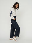 Sonmer Embroidered Linen Button Down in Ecru with Navy