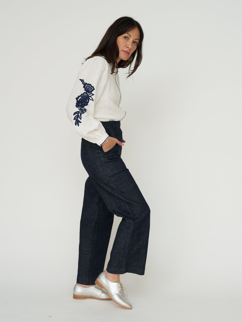 Sonmer Embroidered Linen Button Down in Ecru with Navy