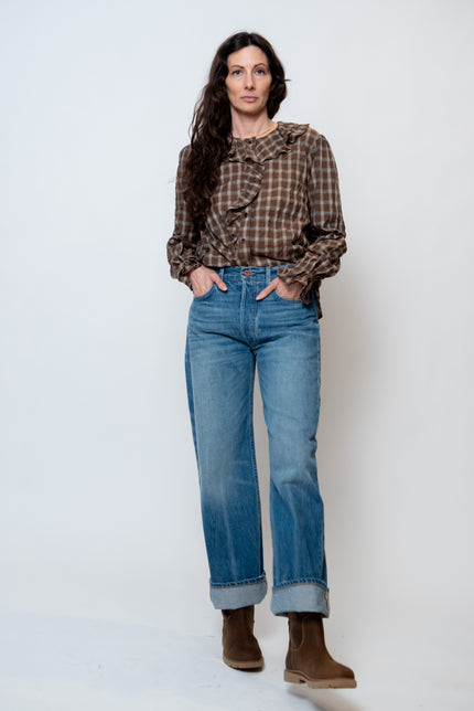 Relaxed Ruffle Top in Cocoa Plaid