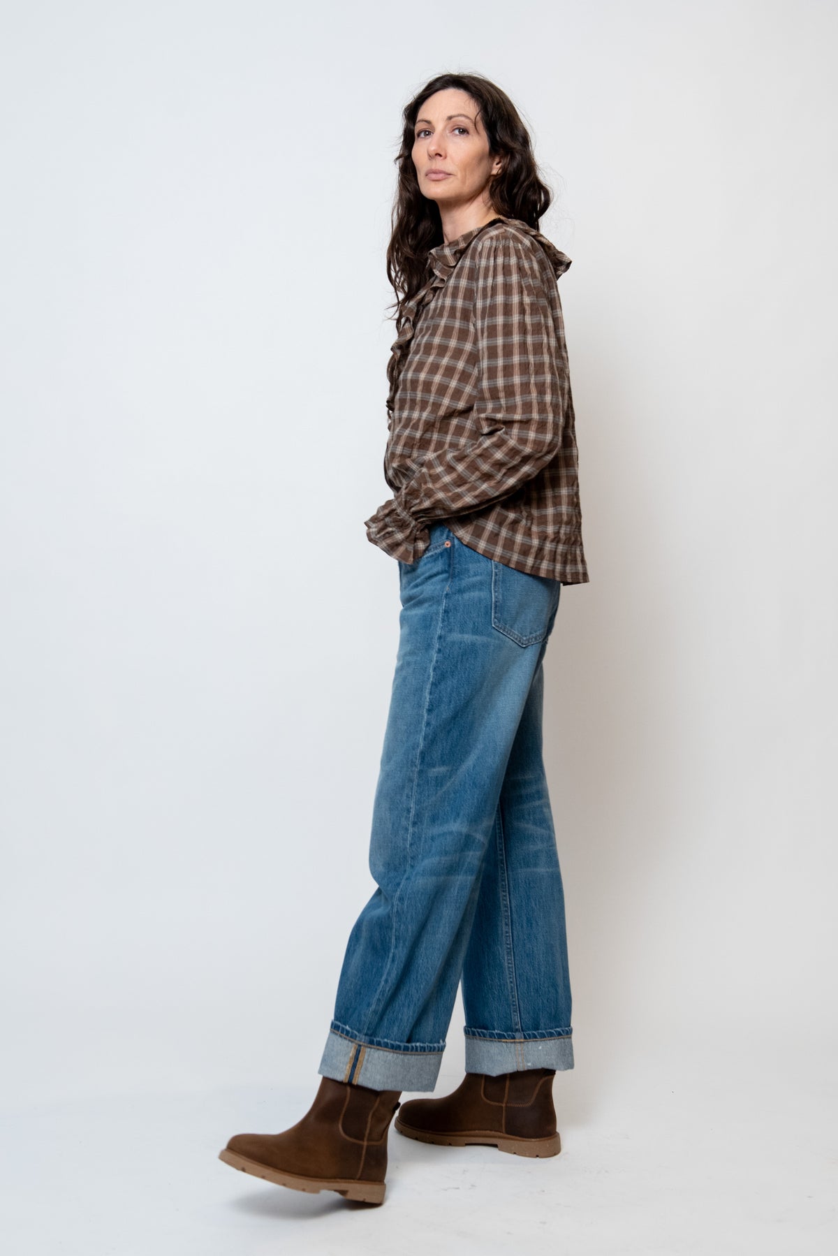 Relaxed Ruffle Top in Cocoa Plaid