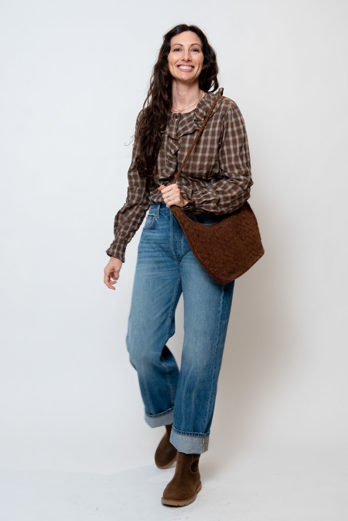 Relaxed Ruffle Top in Cocoa Plaid