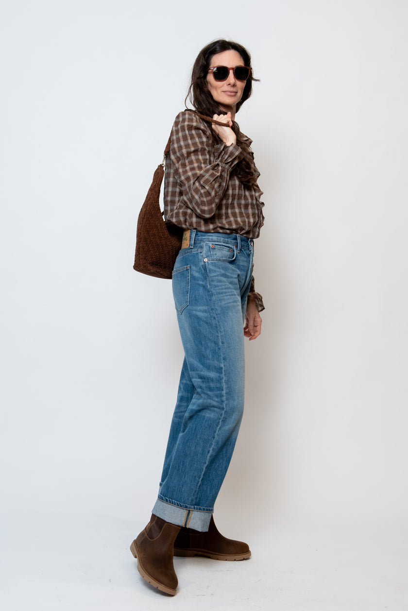 Relaxed Ruffle Top in Cocoa Plaid