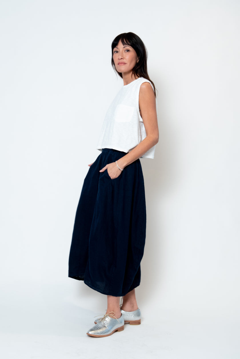 The Fae Lightweight Linen Barrel Skirt in Navy