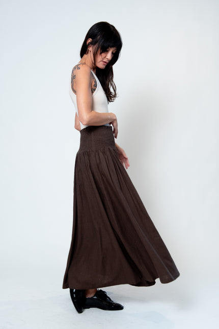 Smocked Maxi Skirt in Chestnut Linen