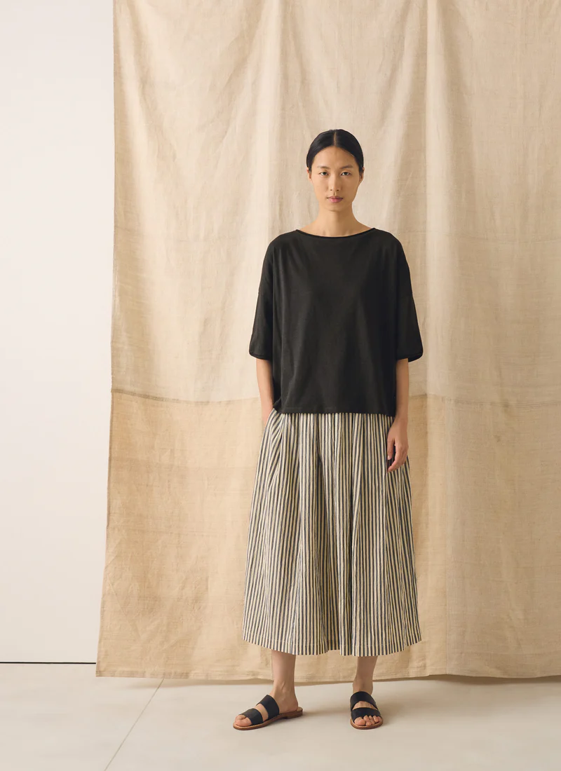 Pleated Cotton Stripe Skirt