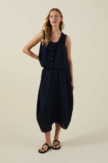 The Fae Lightweight Linen Barrel Skirt in Navy