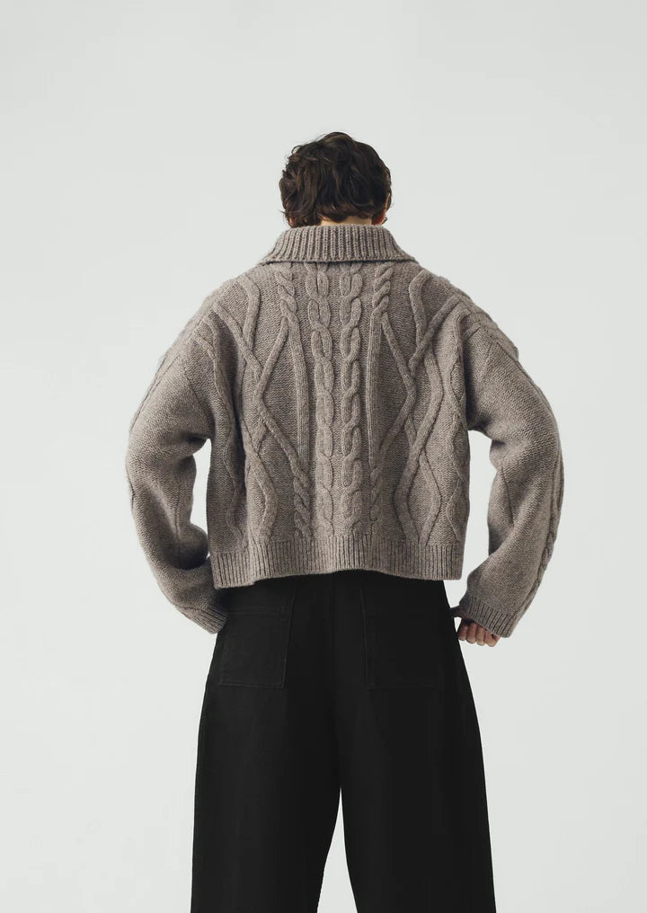 Collared Cable Cardigan in Stone