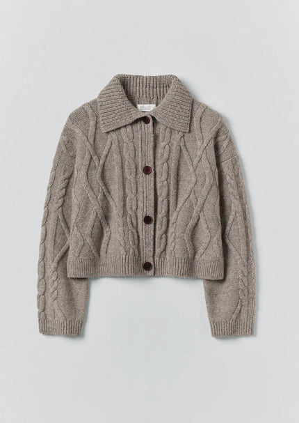 Collared Cable Cardigan in Stone