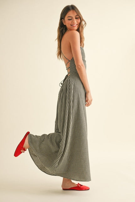 Gingham Cross Strap Midi Dress in Black & Taupe