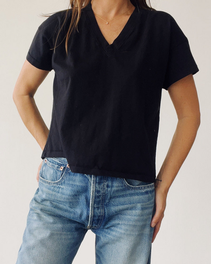 Hey Gang Boxy V-Neck Tee in Black