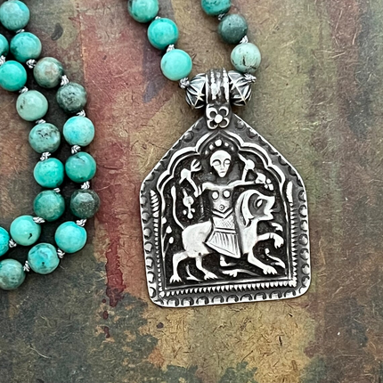RFB 108 Mala Prayer Bead Necklace w Antique Indian Silver Durga Amulet and Grass Agate