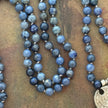 RFB 108 Affirmation Mala with Antique Indian Silver Lotus Amulet and Dumortierite