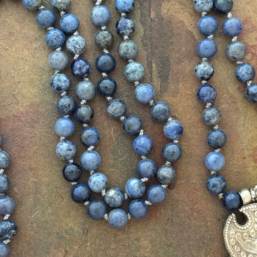 RFB 108 Affirmation Mala with Antique Indian Silver Lotus Amulet and Dumortierite