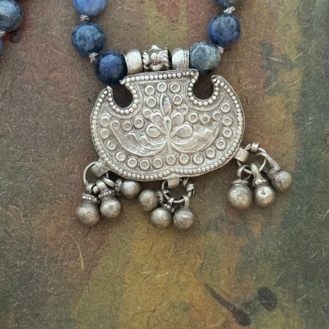 RFB 108 Affirmation Mala with Antique Indian Silver Lotus Amulet and Dumortierite
