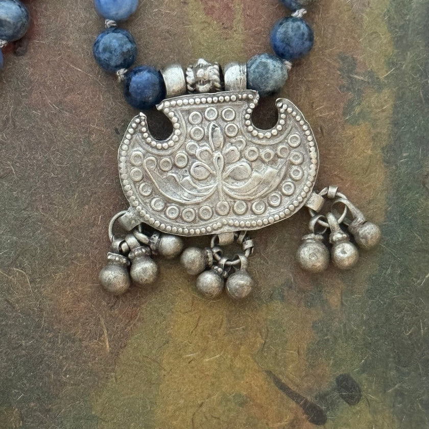 RFB 108 Affirmation Mala with Antique Indian Silver Lotus Amulet and Dumortierite