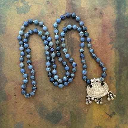 RFB 108 Affirmation Mala with Antique Indian Silver Lotus Amulet and Dumortierite