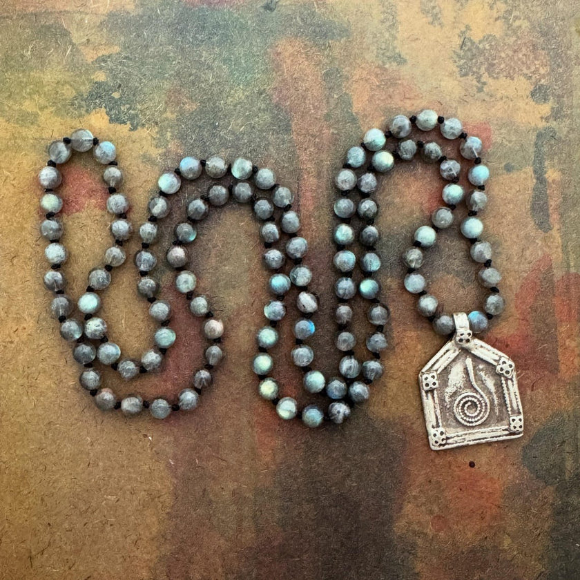 RFB 108 Affirmation Mala with Kundalini Snake Antique Silver Indian Amulet and Labradorite
