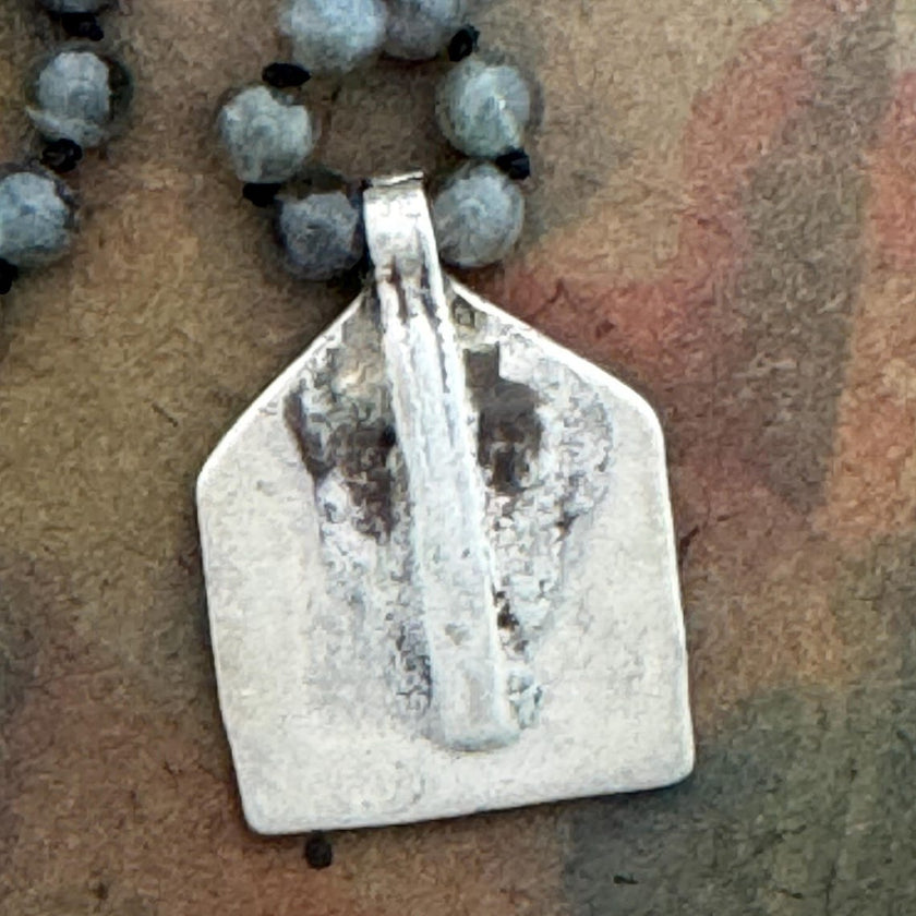 RFB 108 Affirmation Mala with Kundalini Snake Antique Silver Indian Amulet and Labradorite