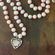 RFB 108 Pearl Mala Necklace with Antique Silver Heart Charms