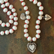 RFB 108 Pearl Mala Necklace with Antique Silver Heart Charms