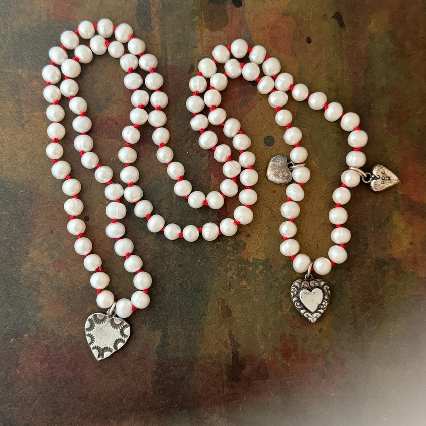 RFB 108 Pearl Mala Necklace with Antique Silver Heart Charms
