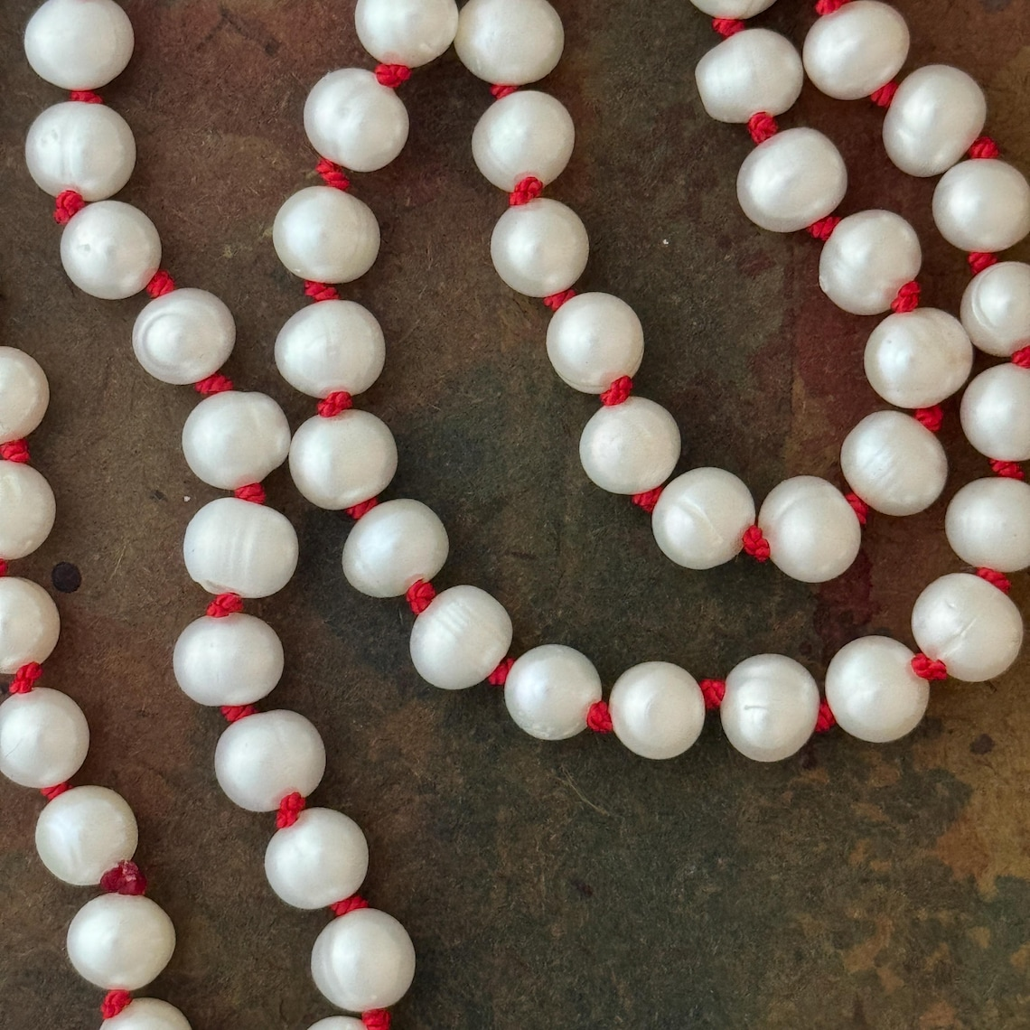 RFB 108 Pearl Mala Necklace with Antique Silver Heart Charms