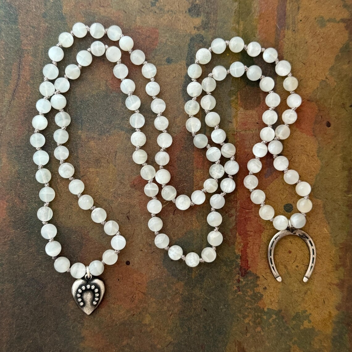 RFB 108 Moonstone Mala Necklace with Antique Silver Horseshoe Charms