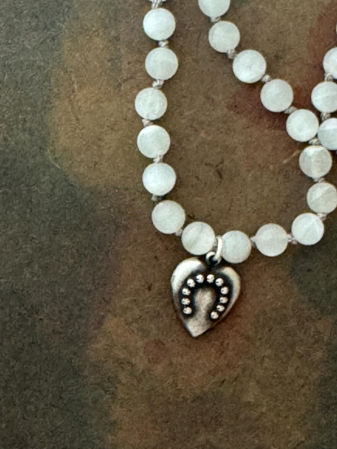 RFB 108 Moonstone Mala Necklace with Antique Silver Horseshoe Charms