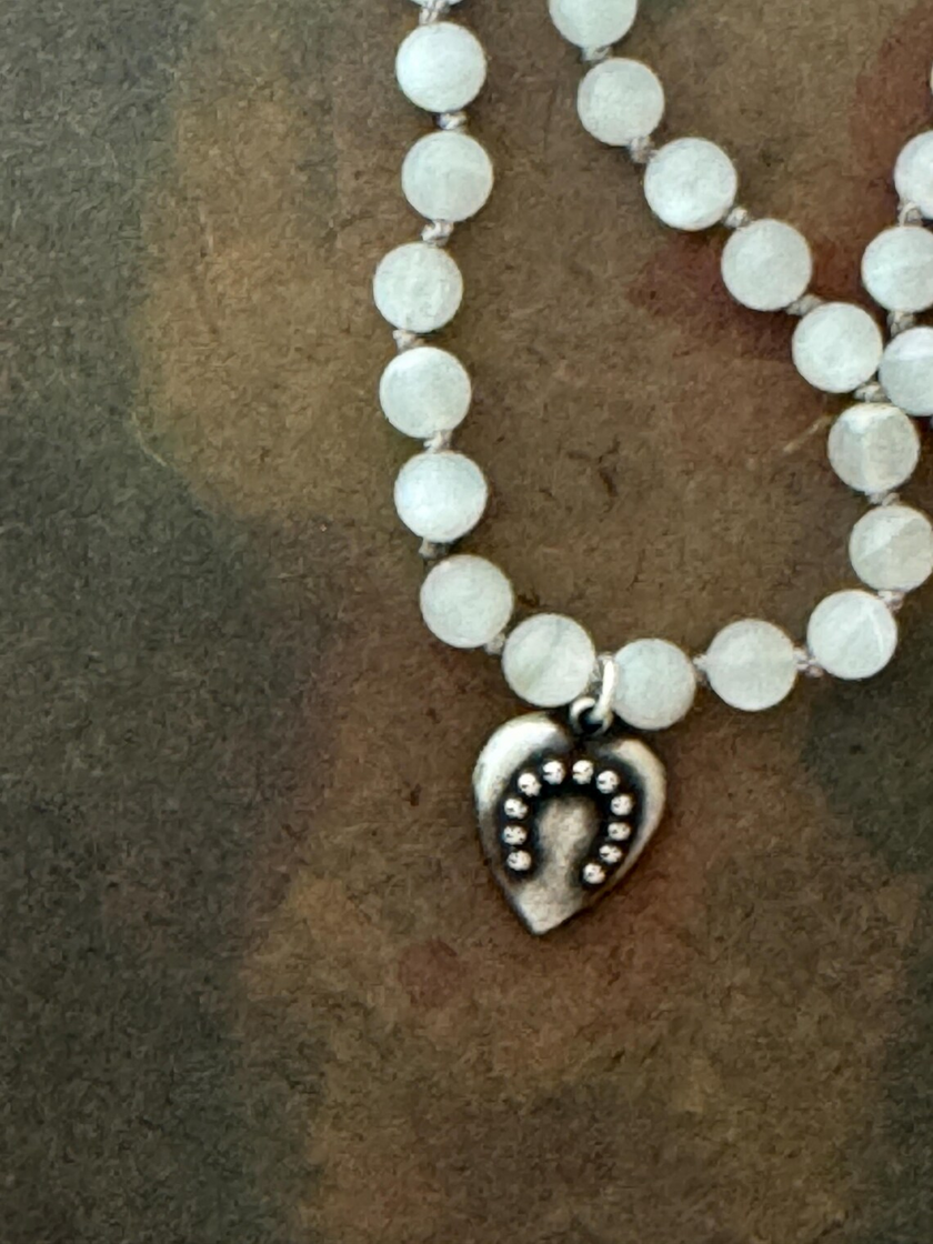 RFB 108 Moonstone Mala Necklace with Antique Silver Horseshoe Charms