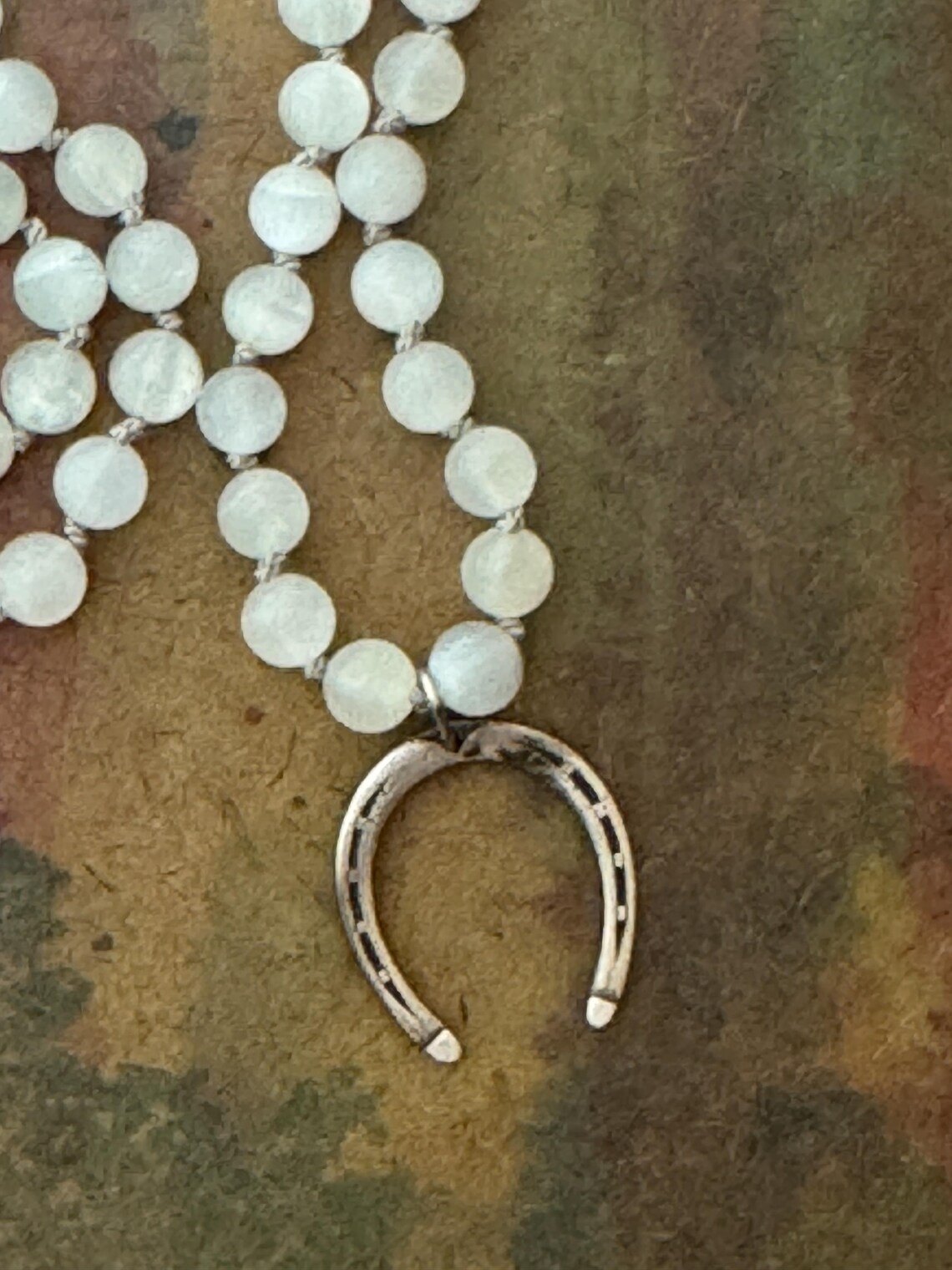 RFB 108 Moonstone Mala Necklace with Antique Silver Horseshoe Charms