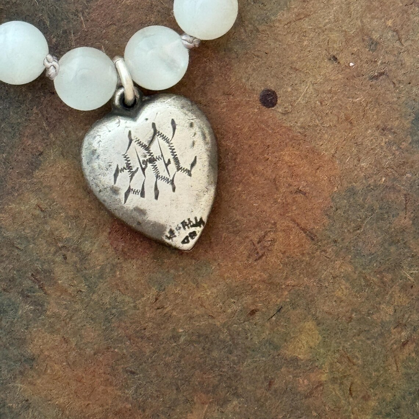 RFB 108 Moonstone Mala Necklace with Antique Silver Horseshoe Charms