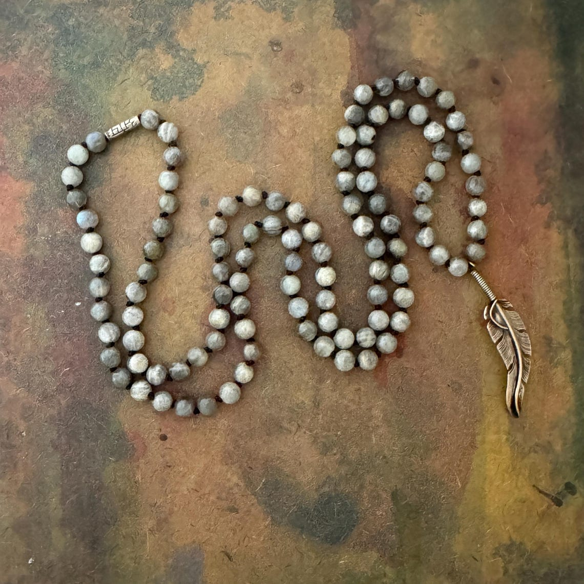 RFB 108 Labradorite Mala with with Vintage Navajo Silver Feather
