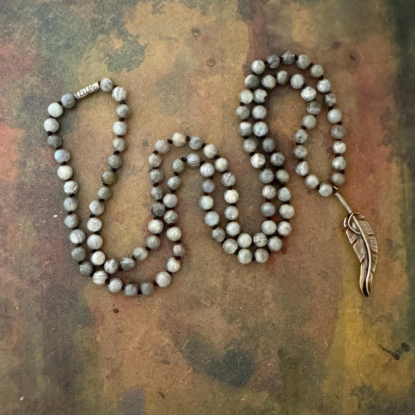 RFB 108 Labradorite Mala with with Vintage Navajo Silver Feather