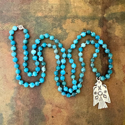 RFB 108 Mala Necklace w Turquoise and Vintage Silver Navajo Thunderbird