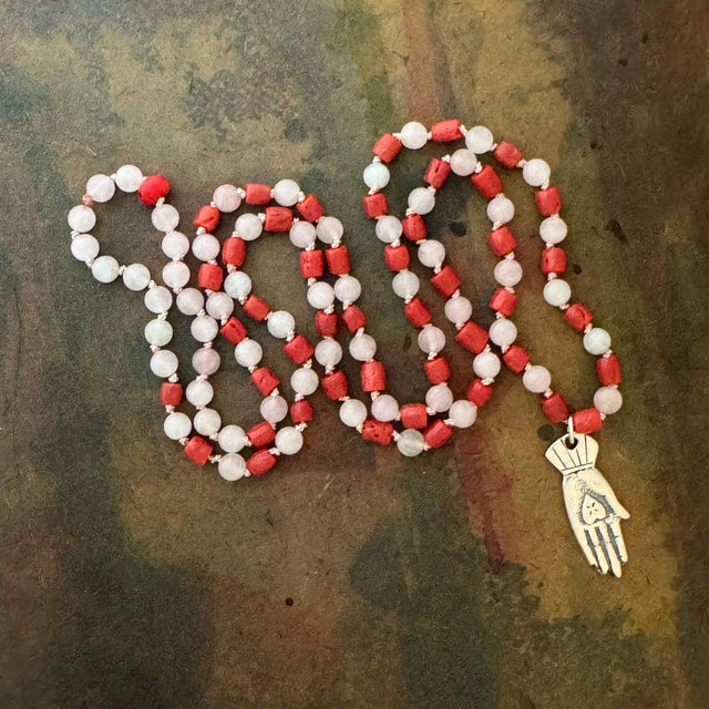 RFB 108 Affirmation Mala with Coral and Moonstone Beads and Mexican Silver Heart in Hand Milagros