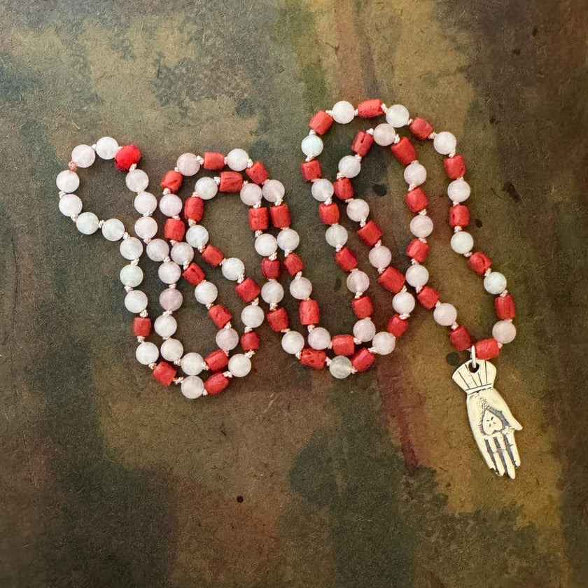 RFB 108 Affirmation Mala with Coral and Moonstone Beads and Mexican Silver Heart in Hand Milagros