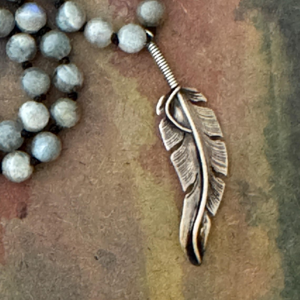 RFB 108 Labradorite Mala with with Vintage Navajo Silver Feather