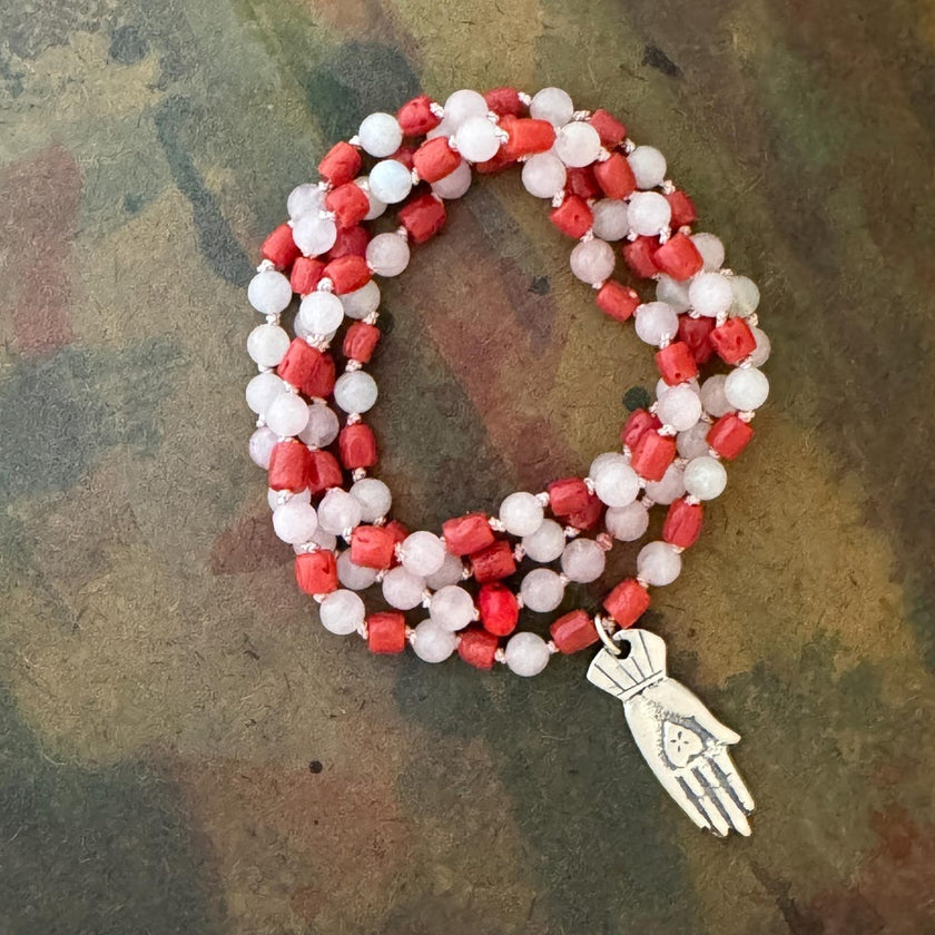 RFB 108 Affirmation Mala with Coral and Moonstone Beads and Mexican Silver Heart in Hand Milagros