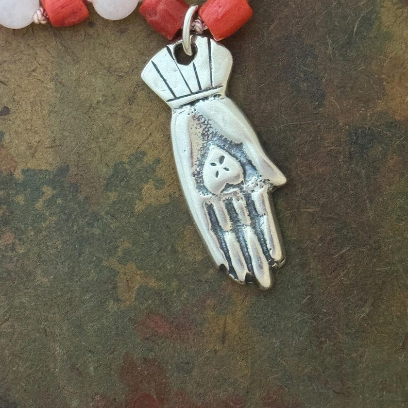RFB 108 Affirmation Mala with Coral and Moonstone Beads and Mexican Silver Heart in Hand Milagros
