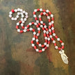 RFB 108 Affirmation Mala with Coral and Moonstone Beads and Mexican Silver Heart in Hand Milagros