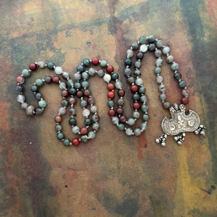 RFB 108 Mala with Antique Indian Silver Ganesh and Peacock Amulet and Blood Stone