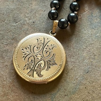 RFB 108 Affirmation Locket Mala with Jet and Victorian 1920's Gold Filled Locket