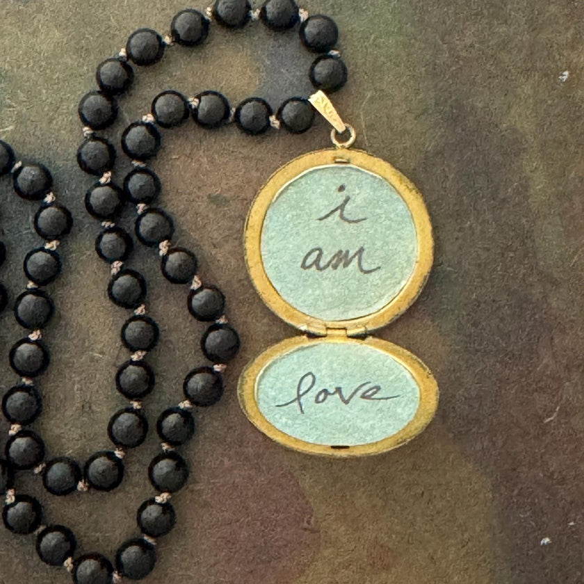RFB 108 Affirmation Locket Mala with Jet and Victorian 1920's Gold Filled Locket