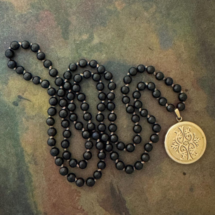 RFB 108 Affirmation Locket Mala with Jet and Victorian 1920's Gold Filled Locket