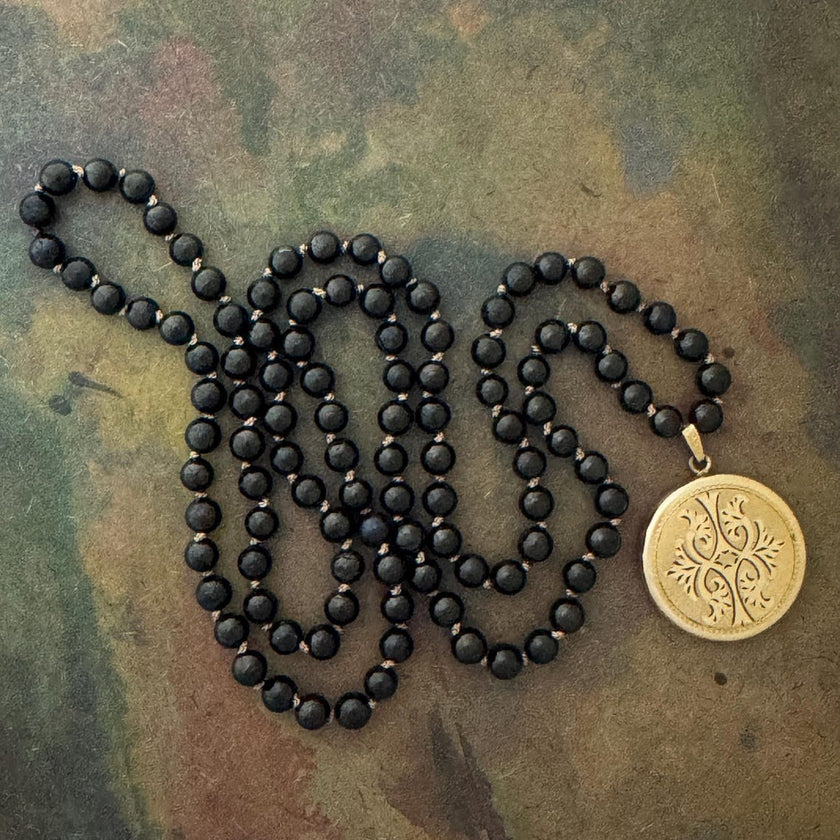RFB 108 Affirmation Locket Mala with Jet and Victorian 1920's Gold Filled Locket