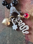 RFB 108 Black Obsidian Mala with Lucky Charms Snake Star Heart and Evil Eye Amulet