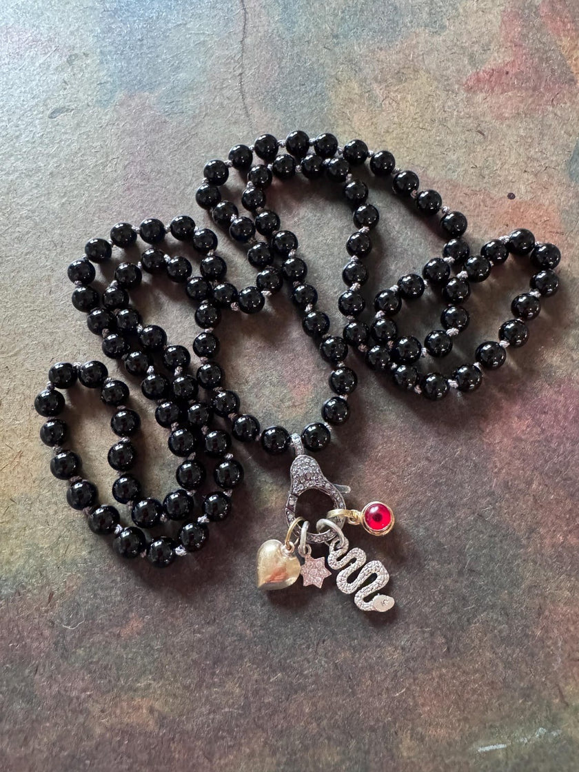 RFB 108 Black Obsidian Mala with Lucky Charms Snake Star Heart and Evil Eye Amulet