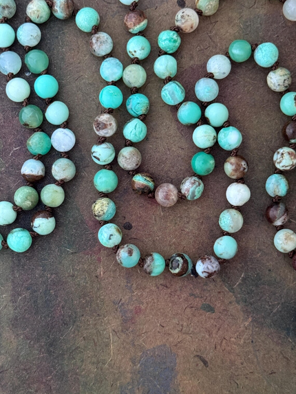 RFB 108 Chrysoprase Mala with Dan Dodson Vintage Silver Navajo Arrow Amulet