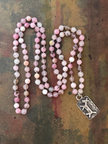 RFB 108 Affirmation Mala with Antique Native American Silver Dog Amulet and Pink Opal